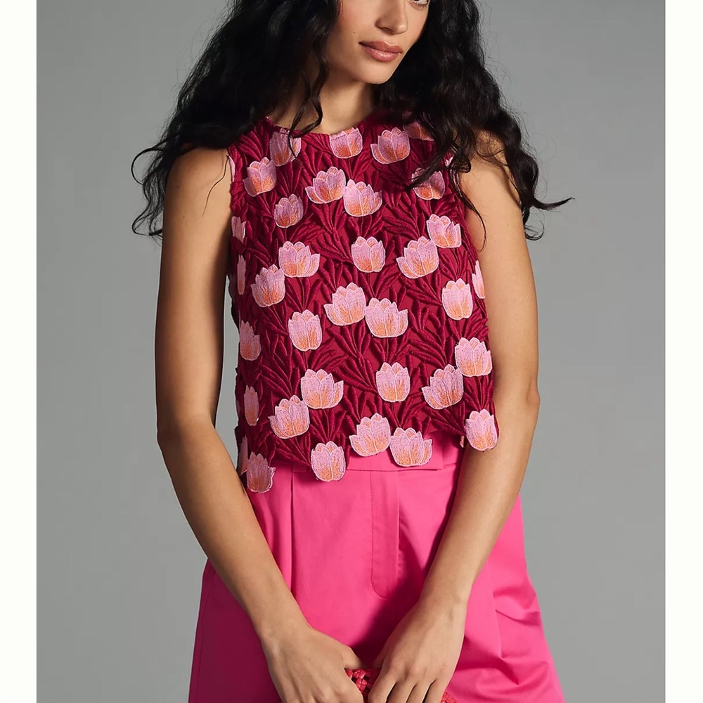 Anthropologie Magenta Floral Embroidered Sleeveless Top